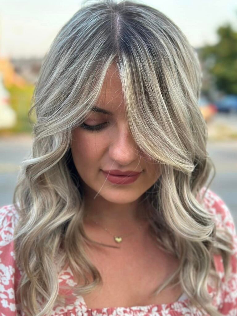 Icy Balayage hair with platinum and silver tones