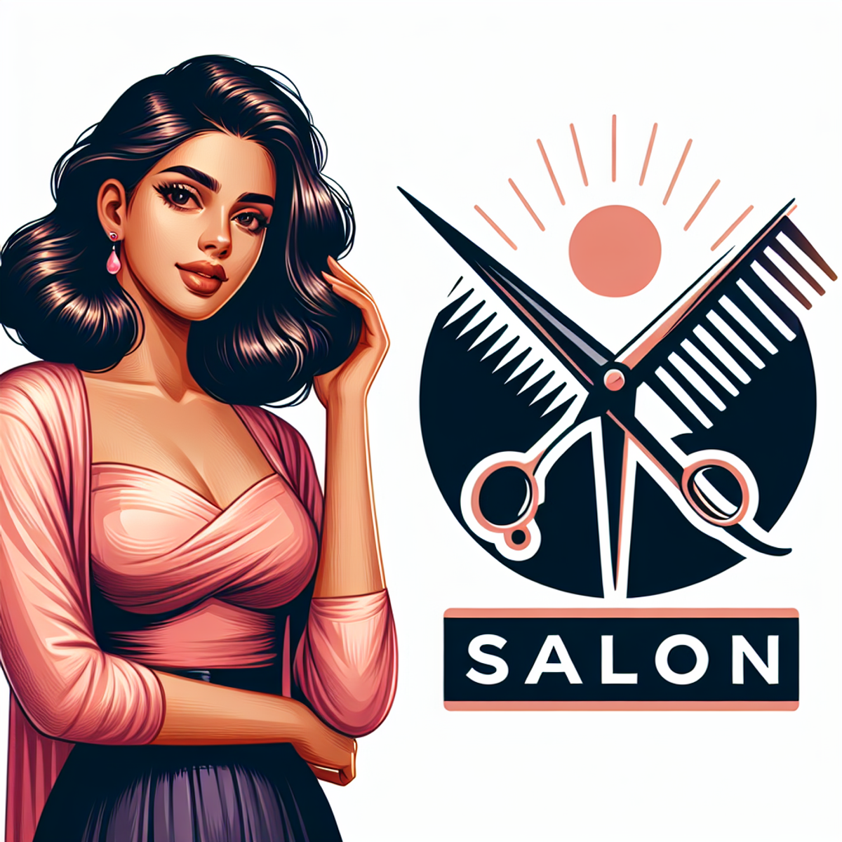 A confident South Asian woman displaying her beautifully styled hair outside a salon, with a distinctive symbol of crossed sharp scissors and a comb.