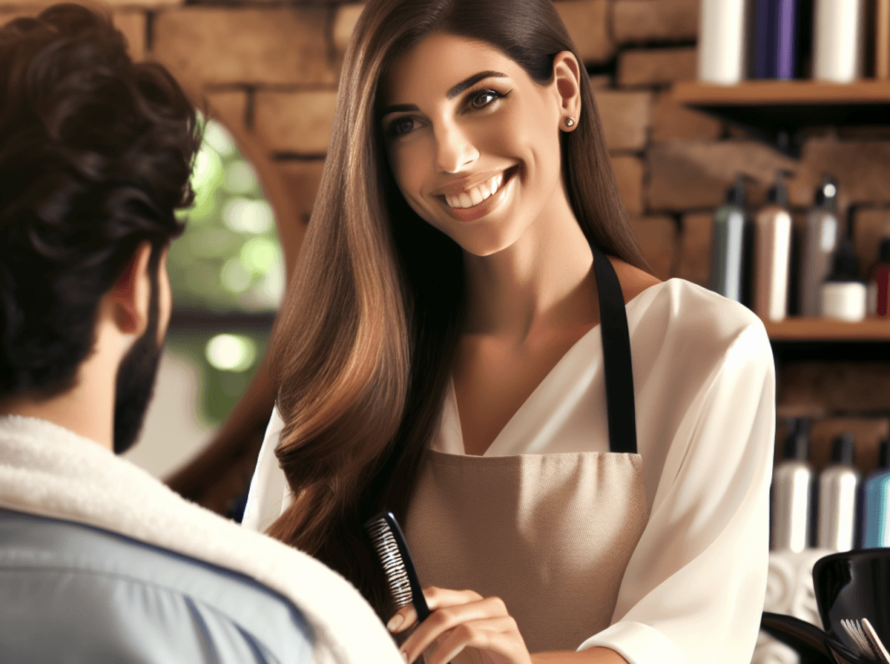 A friendly Hispanic woman hair stylist attentively works on her client's hair in a cozy salon, showcasing a warm interaction filled with mutual trust and satisfaction. The background features an array of hair products, styling tools, and equipment typical of a salon environment, enhancing the authenticity of the scene. Both individuals are smiling and engaged, emphasizing the personal touch of the service.