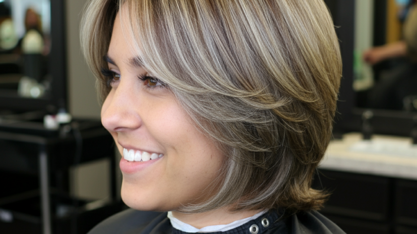 Client smiling after a flattering face framing haircut with soft layers