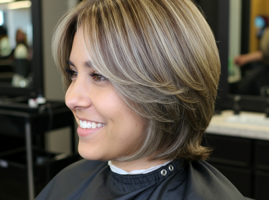 Client smiling after a flattering face framing haircut with soft layers